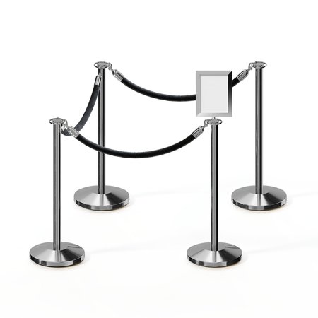 MONTOUR LINE Stanchion Post & Rope Kit Pol.Steel, 4FlatTop 3Blk Rope 8.5x11V Sign C-Kit-3-PS-FL-1-Tapped-1-8511-V-3-PVR-BK-PS